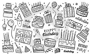 Set of stylized birthday cakes, gift boxes, balloons and decorations. Hand drawn cartoon vector sketch isolated illustration